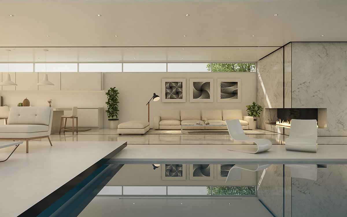 estar y area de piscina techada, diseño moderno
